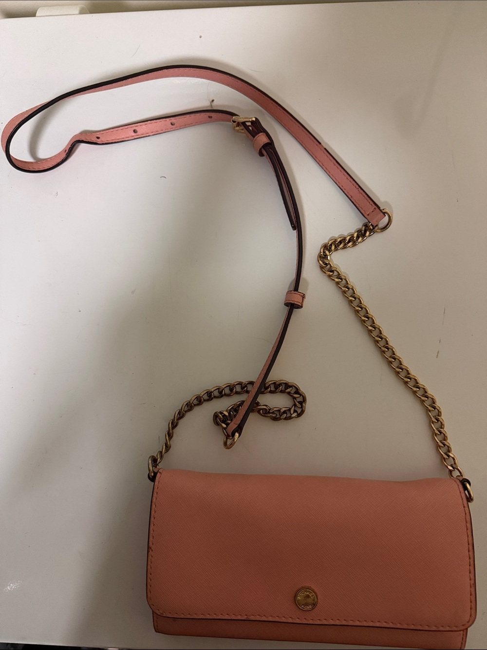 Michael Kors Peach Pink Crossbody Bag with Gold Chain Strap